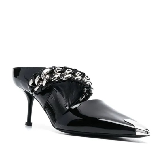 ALEXANDER MCQUEEN pump heels black chain EU 38 US 8 punk 85mm mules off size - Picture 1 of 12